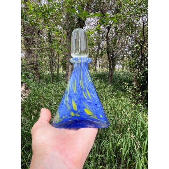 Vintage 1960s MCM Art Glass Petite Decanter Blue Yellow Swirl - Picture 3 of 16